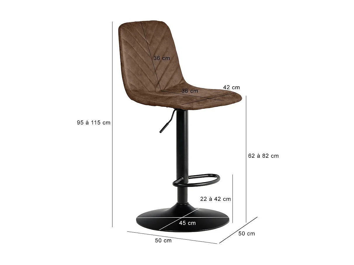 Tabouret de bar réglable en microfibre marron pied métal noir - COBY