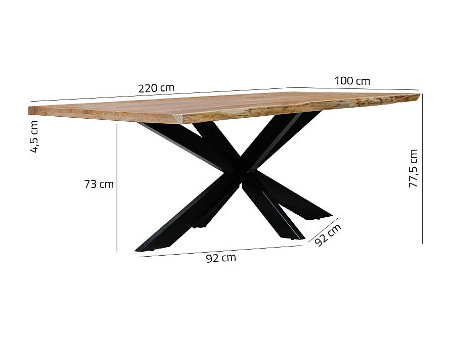 Table 220x100 cm bois d'acacia pied central croix métal noir - OTTAWA