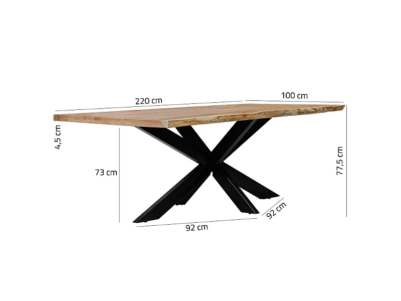 Table 220x100 cm bois d'acacia pied central croix métal noir - OTTAWA