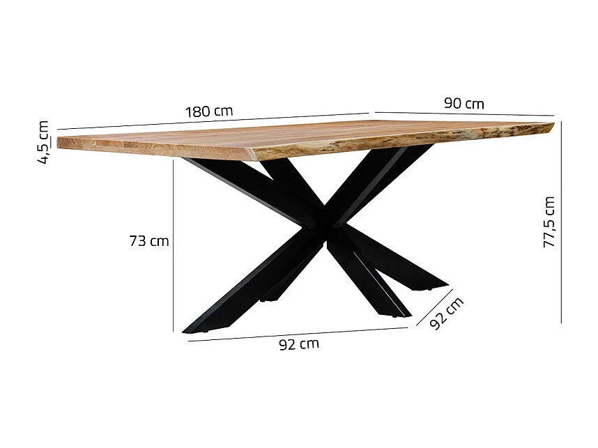 Table 180x90 cm bois d'acacia pied central croix métal noir - OTTAWA