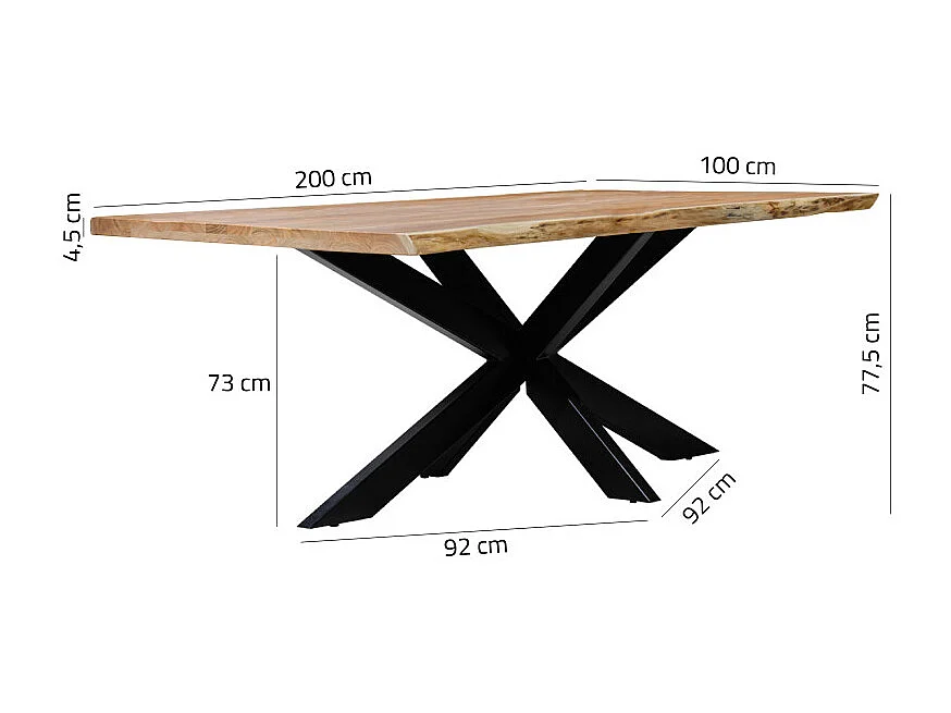 Table 200x100 cm bois d'acacia pied central croix métal noir - OTTAWA