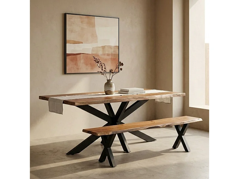 Table 200x100 cm bois d'acacia pied central croix métal noir - OTTAWA