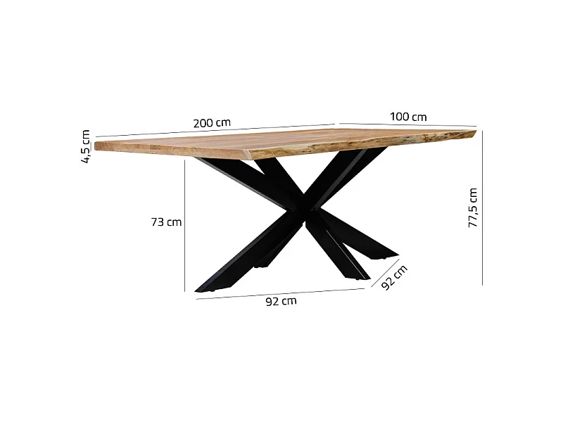 Table 200x100 cm bois d'acacia pied central croix métal noir - OTTAWA