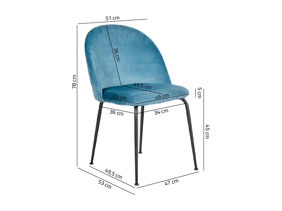 Lot de 2 chaises velours bleu capitonnée et pieds métal noir - FARA