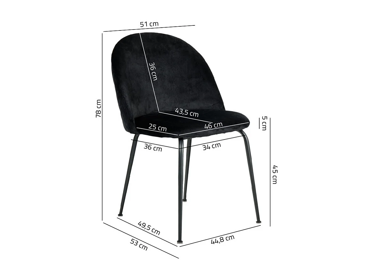 Lot de 2 chaises velours noir capitonnée et pieds métal noir - FARA