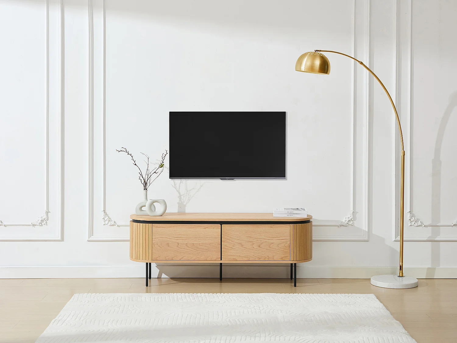 Tv-meubel met 2 deurtjes in eikenfineer en metaal - Lichte houtlook en zwart - CARDIONA