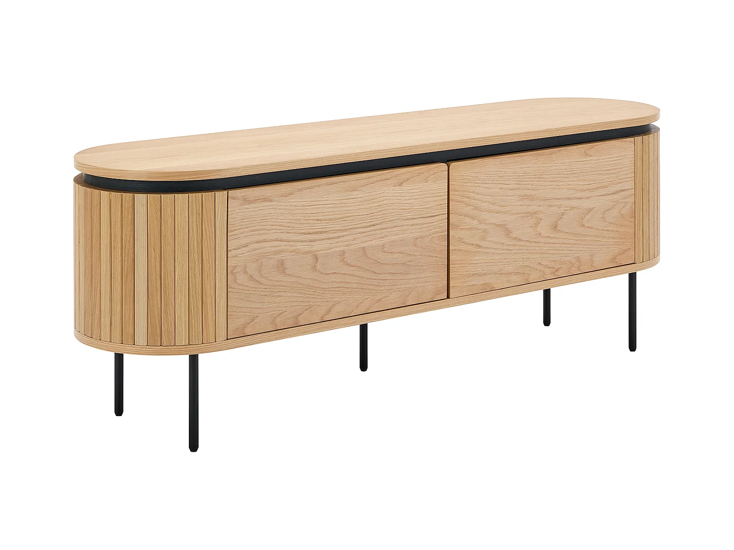 Mueble TV con 2 puertas chapado en roble y metal - Natural claro y Negro - CARDIONA