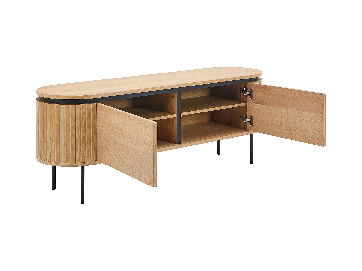 Mueble TV con 2 puertas chapado en roble y metal - Natural claro y Negro - CARDIONA