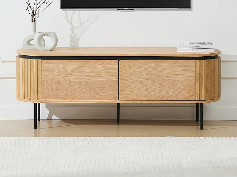 Meuble TV avec 2 portes placage chêne et métal - Naturel clair et Noir - CARDIONA