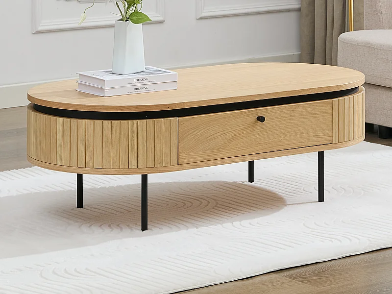 Salontafel met 2 lades met eikenfineer en metaal - Licht naturel en zwart - CARDIONA