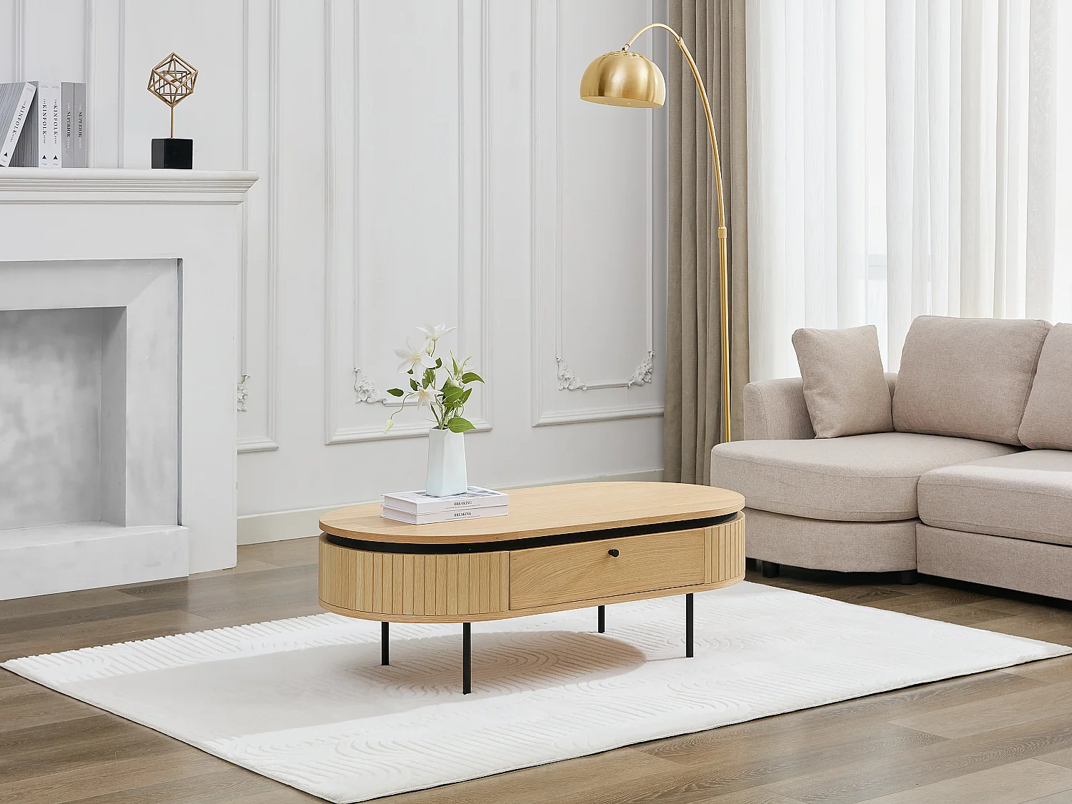 Mesa de centro com 2 gavetas folha de carvalho e metal natural claro e preto - CARDIONA