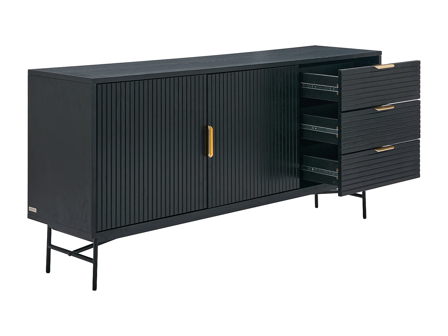 Buffet avec 2 portes et 3 tiroirs placage chêne et métal - Noir et Doré - SIRIOLA