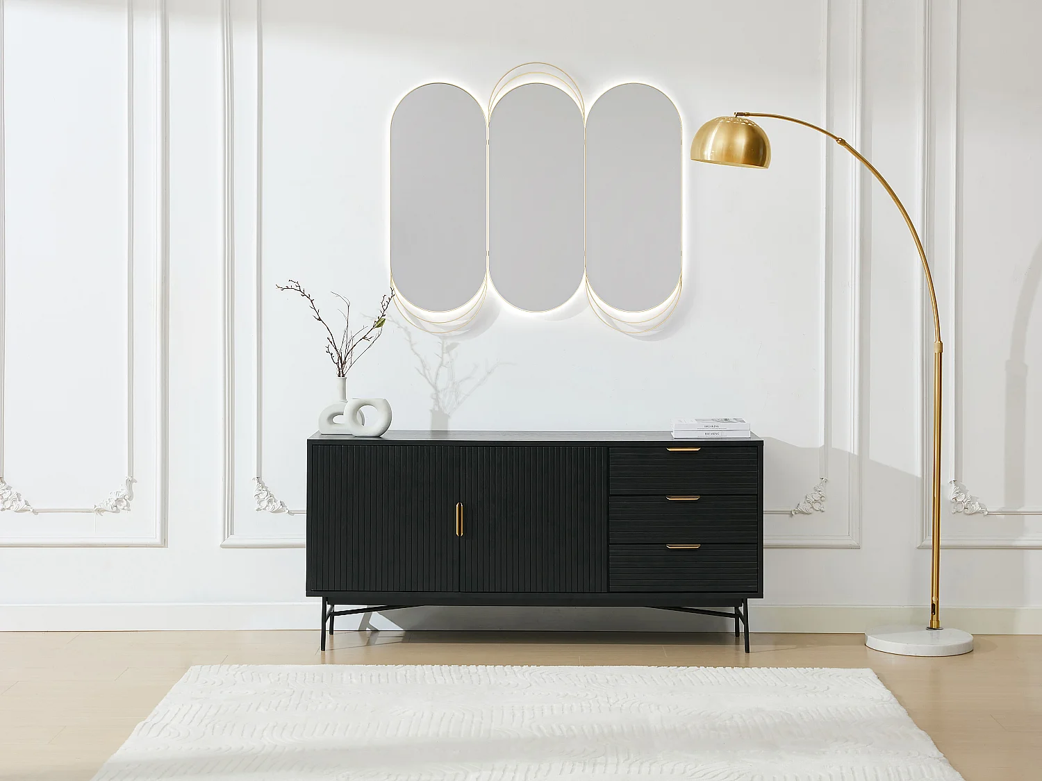 Buffet avec 2 portes et 3 tiroirs placage chêne et métal - Noir et Doré - SIRIOLA
