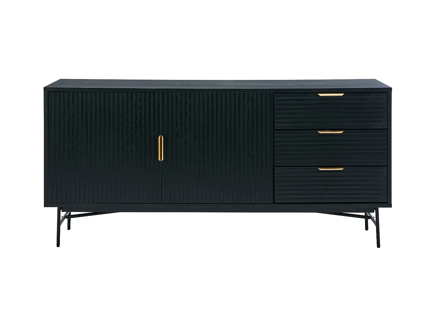 Buffet avec 2 portes et 3 tiroirs placage chêne et métal - Noir et Doré - SIRIOLA