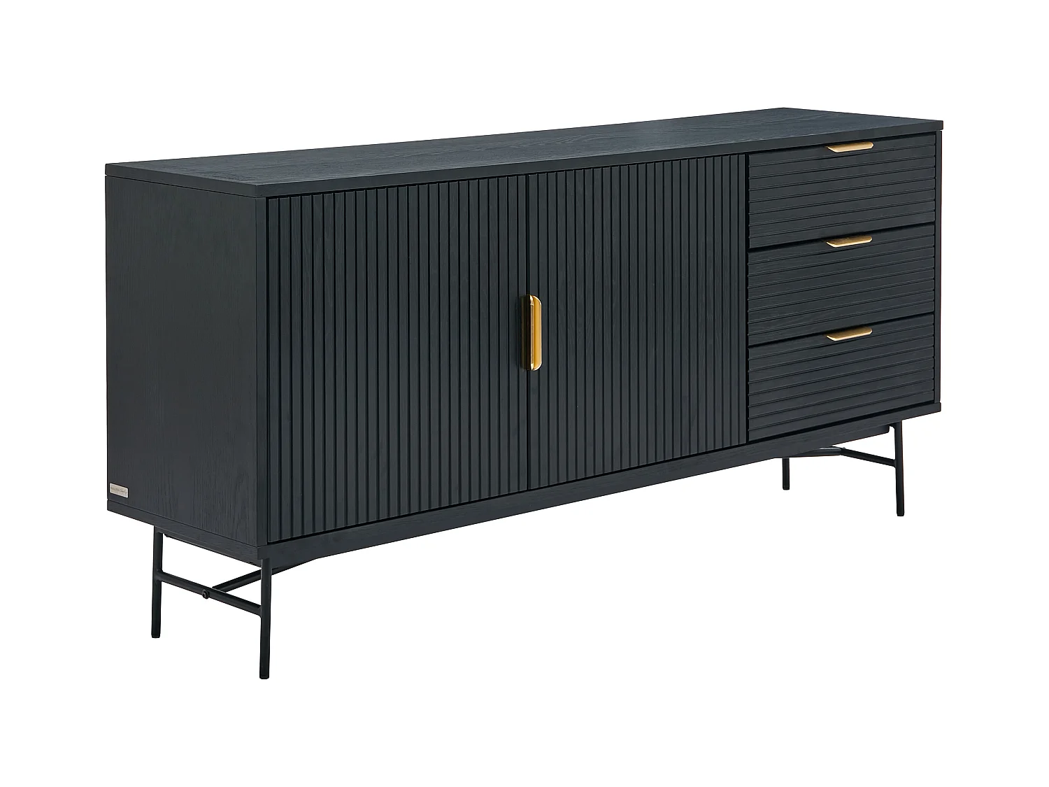 Buffet avec 2 portes et 3 tiroirs placage chêne et métal - Noir et Doré - SIRIOLA