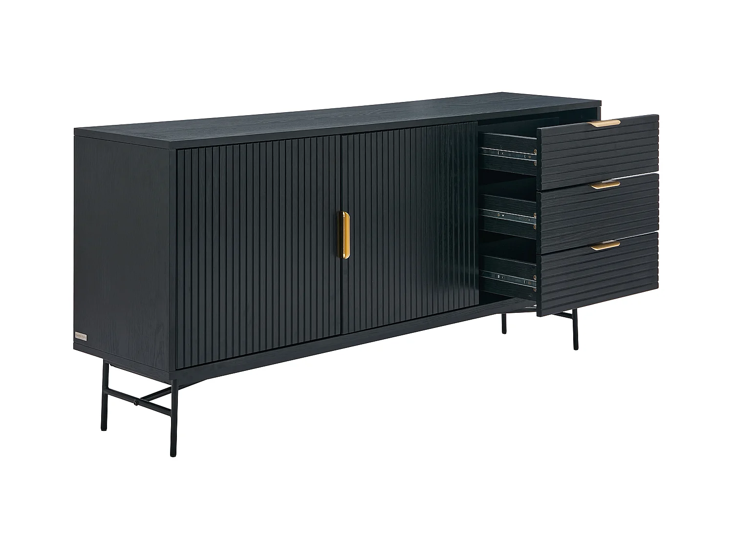 Buffet avec 2 portes et 3 tiroirs placage chêne et métal - Noir et Doré - SIRIOLA