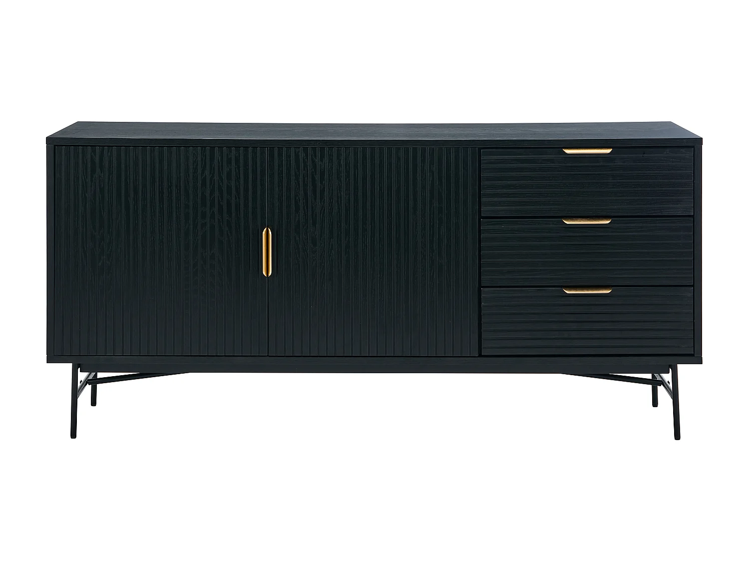 Buffet avec 2 portes et 3 tiroirs placage chêne et métal - Noir et Doré - SIRIOLA