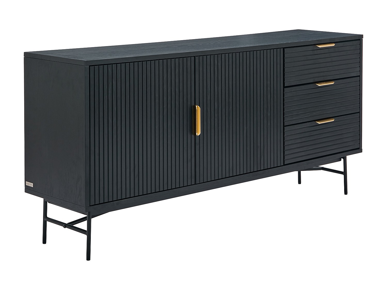Sideboard mit 2 Türen & 3 Schubladen - Eichenfurnier & Metall - Schwarz & G günstig online kaufen