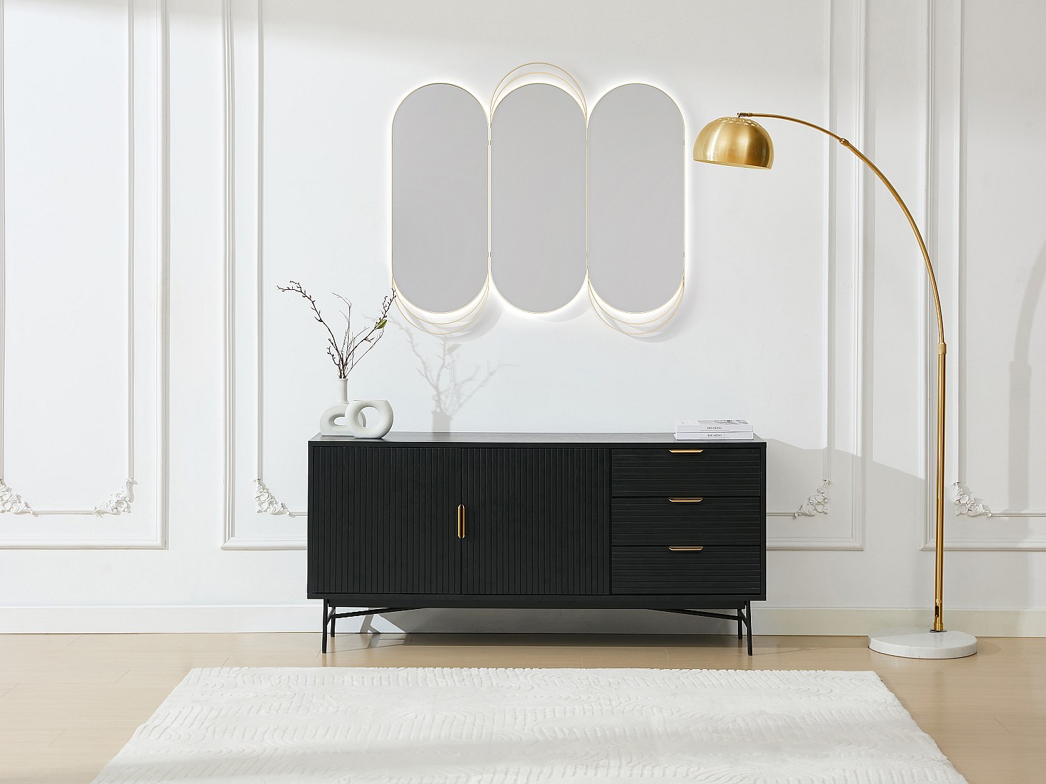 Sideboard mit 2 Türen & 3 Schubladen - Eichenfurnier & Metall - Schwarz & G günstig online kaufen