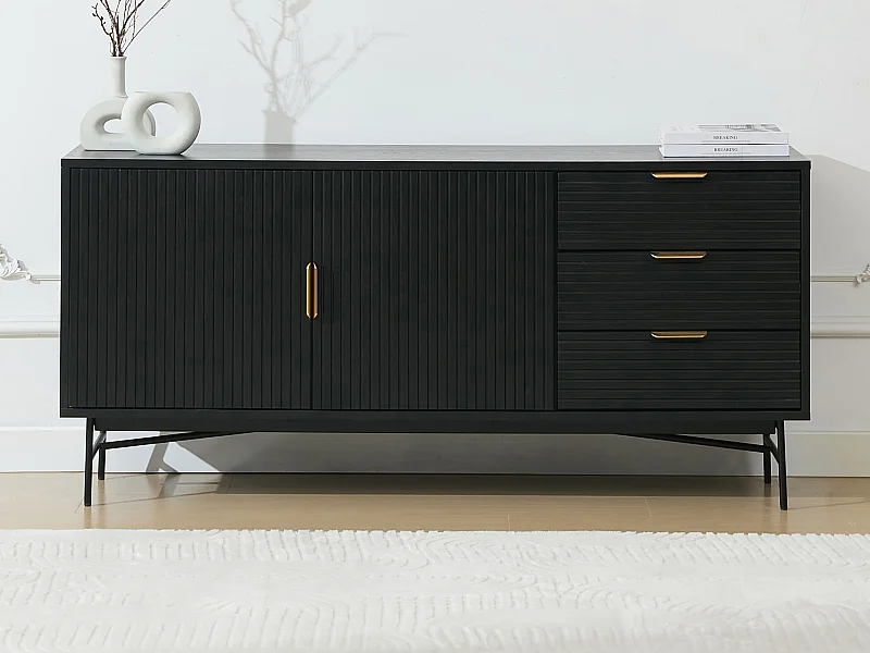 Buffet avec 2 portes et 3 tiroirs placage chêne et métal - Noir et Doré - SIRIOLA