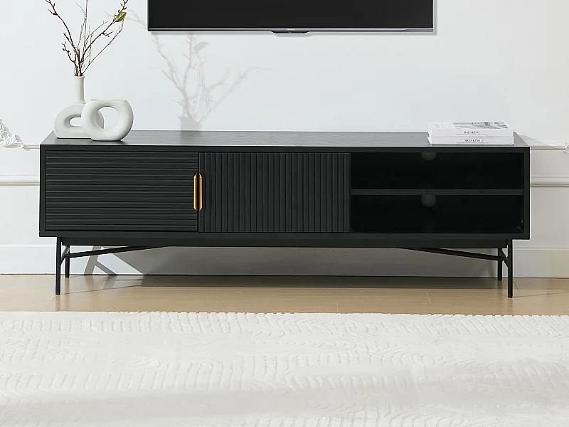 Meuble TV avec 2 portes et 2 niches placage chêne et métal - Noir et Doré - SIRIOLA