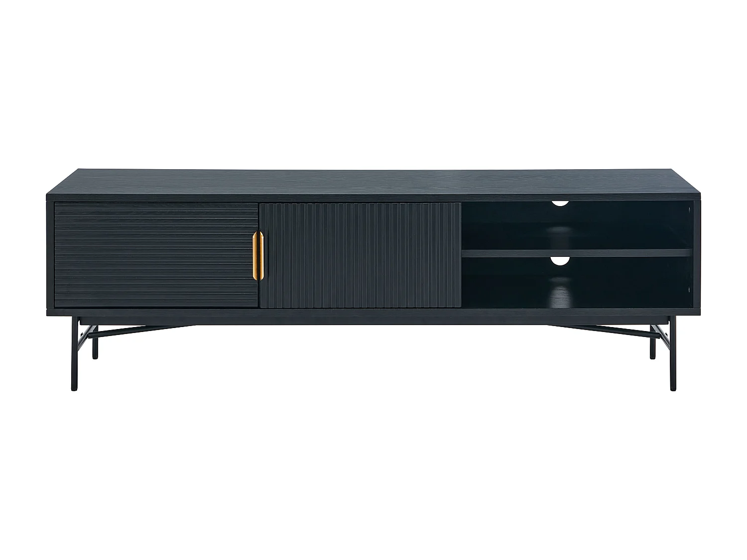 TV-Möbel mit 2 Türen & 2 Ablagefächern - Eichenfurnier & Metall - Schwarz & Goldfarben - SIRIOLA