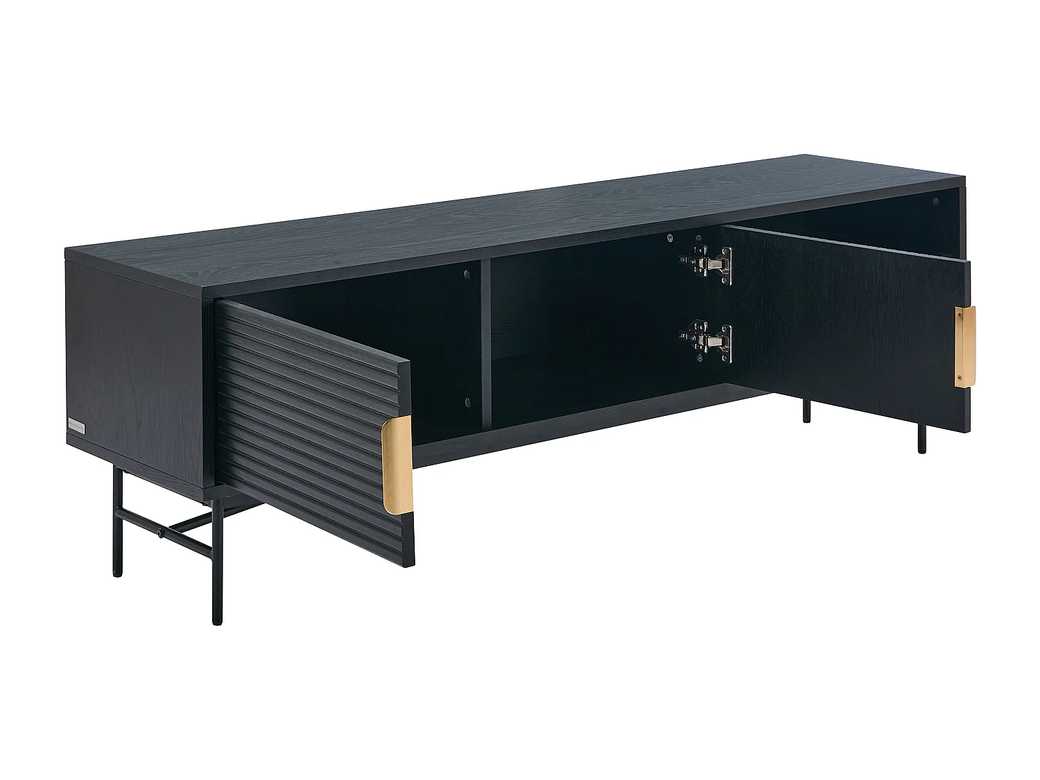 TV-Möbel mit 2 Türen & 2 Ablagefächern - Eichenfurnier & Metall - Schwarz & Goldfarben - SIRIOLA
