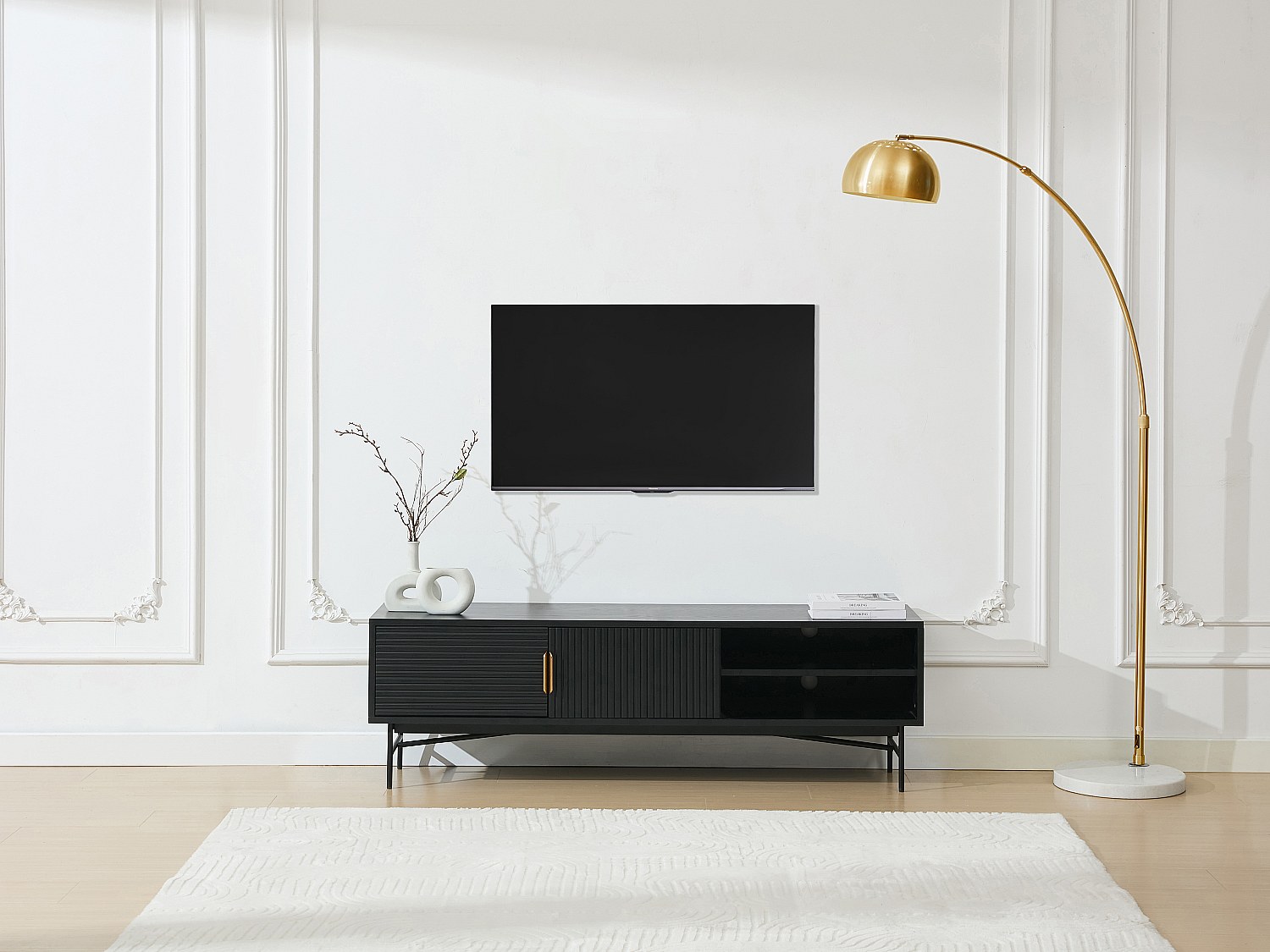 Vente-unique Tv-Möbel Mit 2 Türen & 2 Ablagefächern - Eichenfurnier & Metall - Schwarz & Goldfarben - Siriola