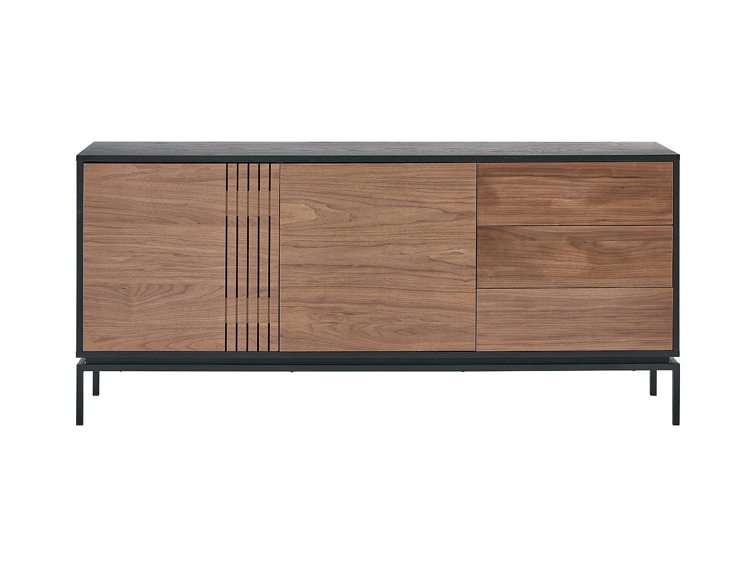 Sideboard mit 2 Türen & 3 Schubladen - Nussbaumfurnier & Metall - Holzfarben dunkel & Schwarz - ZINORI