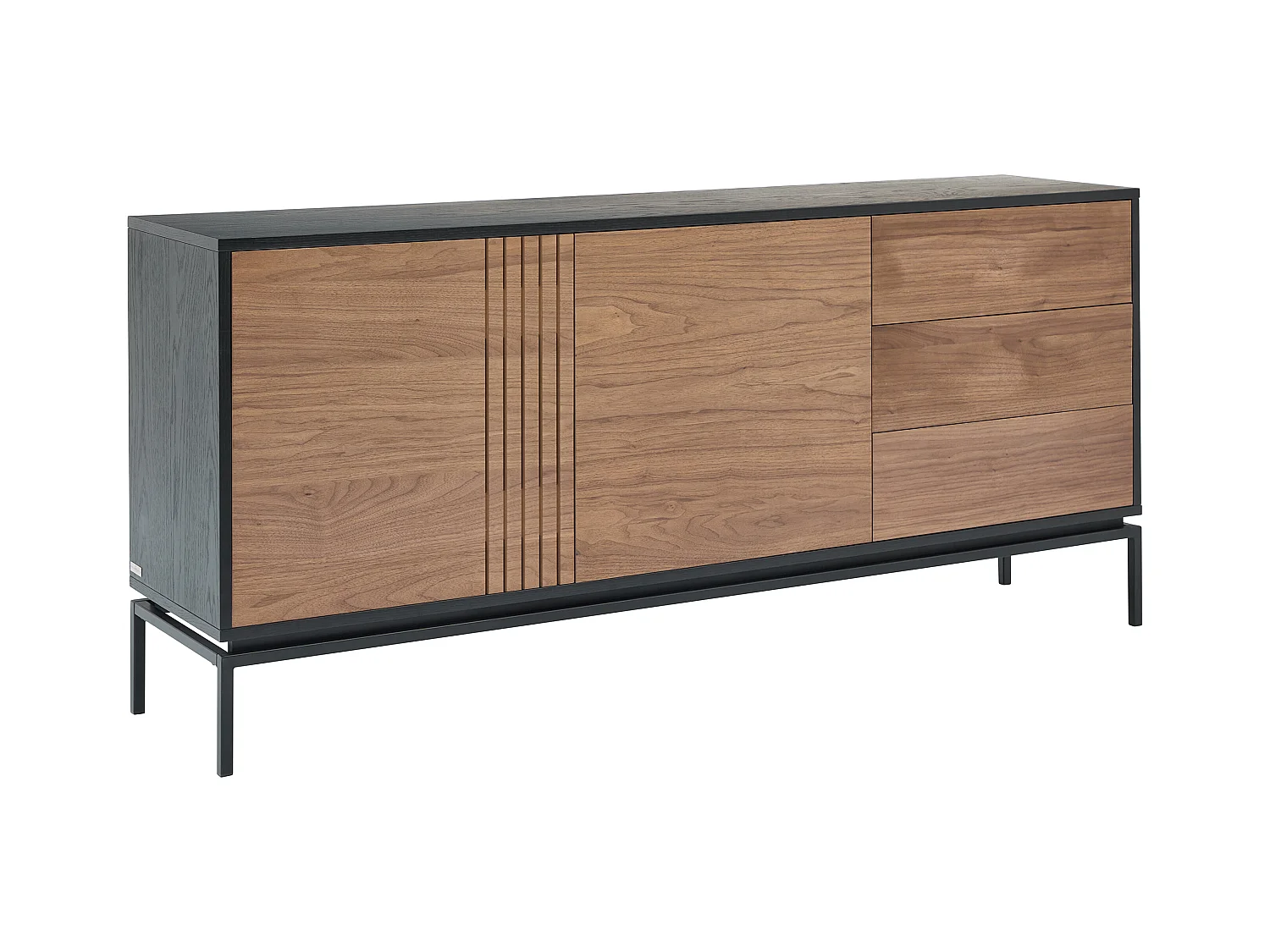 Sideboard mit 2 Türen & 3 Schubladen - Nussbaumfurnier & Metall - Holzfarben dunkel & Schwarz - ZINORI