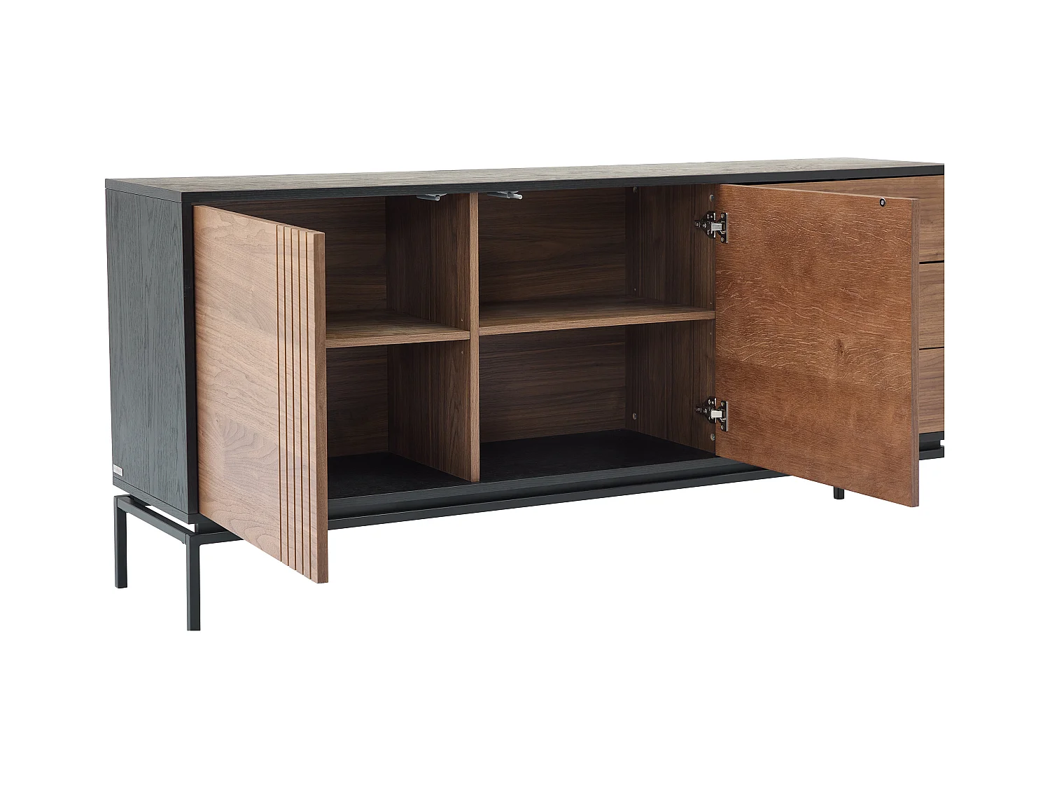 Sideboard mit 2 Türen & 3 Schubladen - Nussbaumfurnier & Metall - Holzfarben dunkel & Schwarz - ZINORI