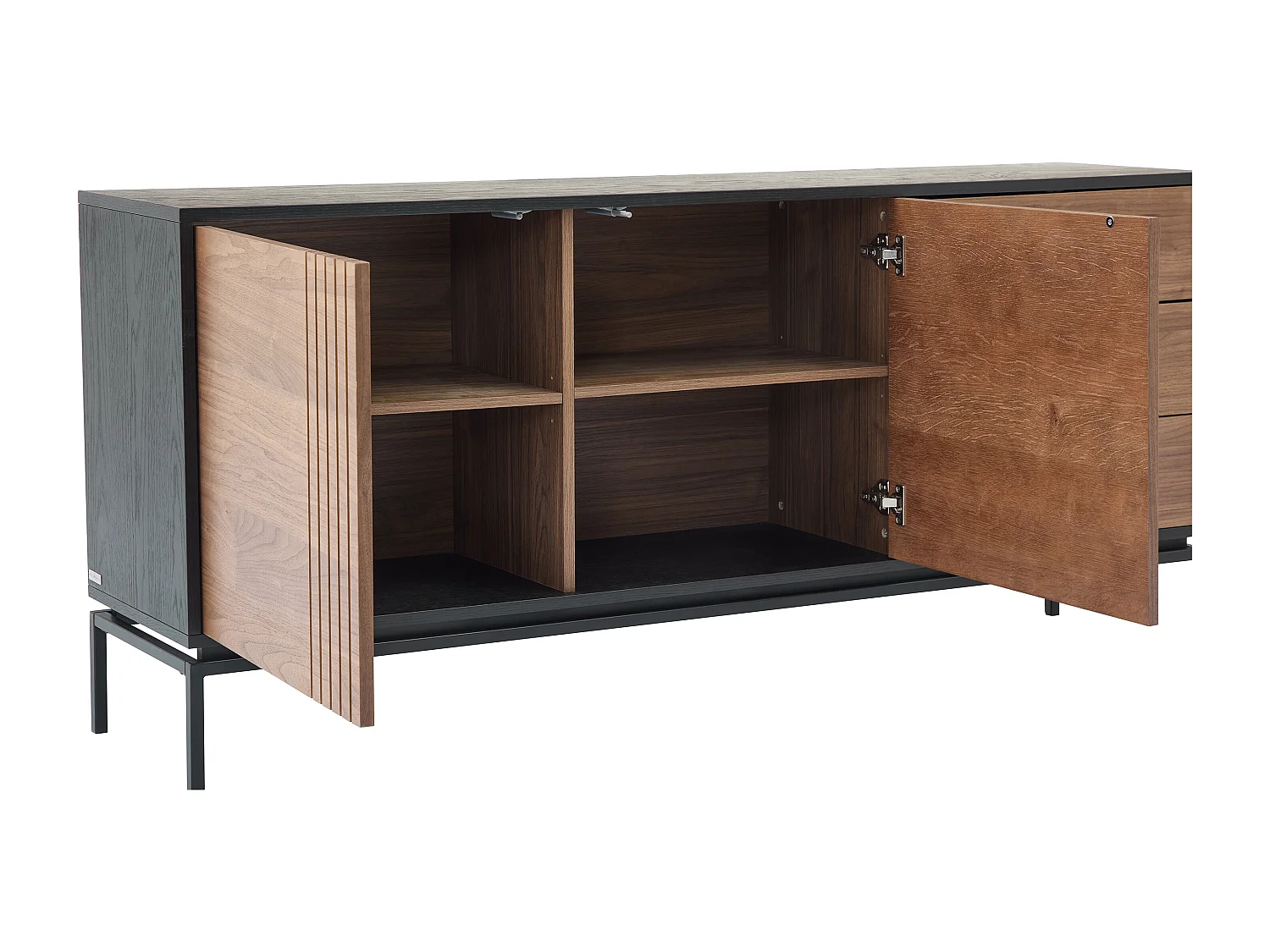 Sideboard mit 2 Türen & 3 Schubladen - Nussbaumfurnier & Metall - Holzfarben dunkel & Schwarz - ZINORI