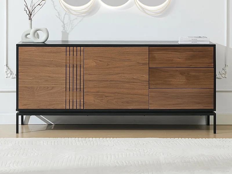 Buffet avec 2 portes et 3 tiroirs placage noyer et métal - Naturel foncé et Noir - ZINORI
