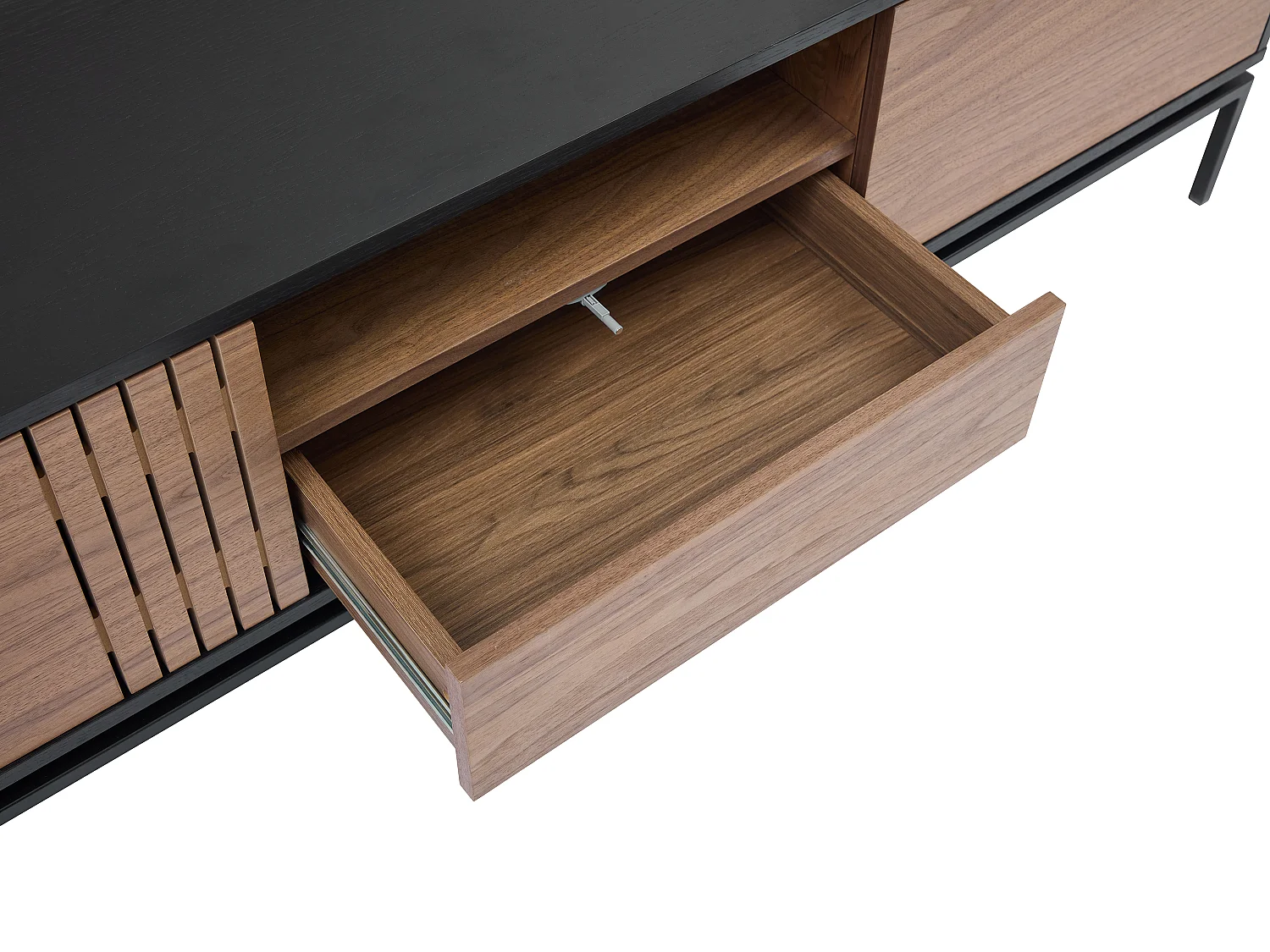TV-Möbel mit 2 Türen, 1 Schublade & 1 Ablagefach - Nussbaumfurnier & Metall - Holzfarben dunkel & Schwarz - ZINORI