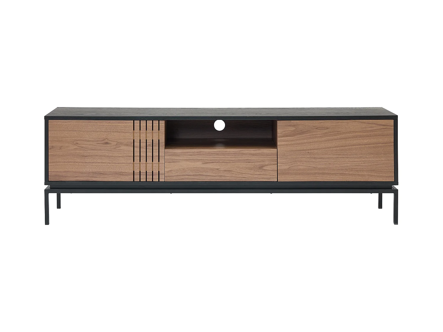 Meuble TV avec 2 portes, 1 tiroir et 1 niche placage noyer et métal - Naturel foncé et Noir - ZINORI