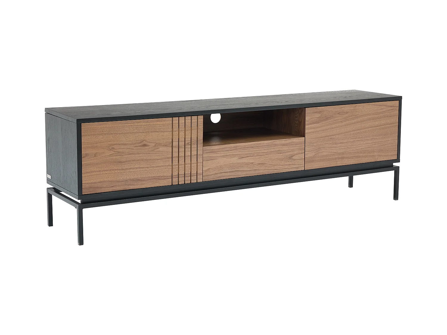 Meuble TV avec 2 portes, 1 tiroir et 1 niche placage noyer et métal - Naturel foncé et Noir - ZINORI