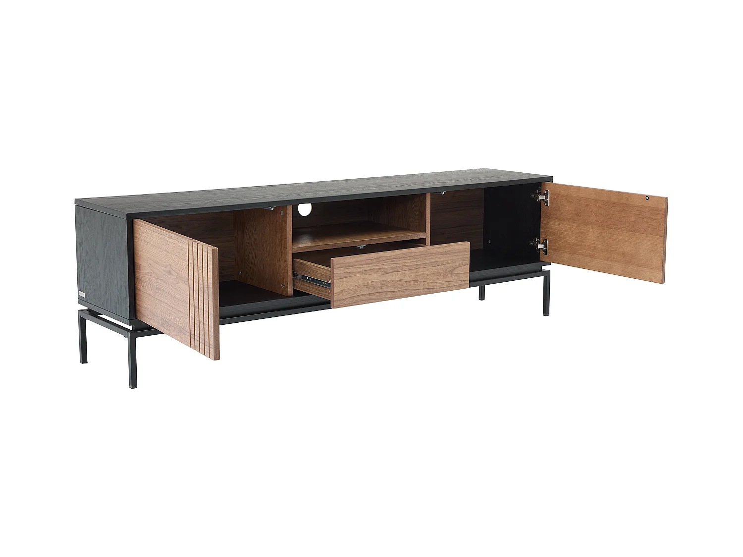 Meuble TV avec 2 portes, 1 tiroir et 1 niche placage noyer et métal - Naturel foncé et Noir - ZINORI