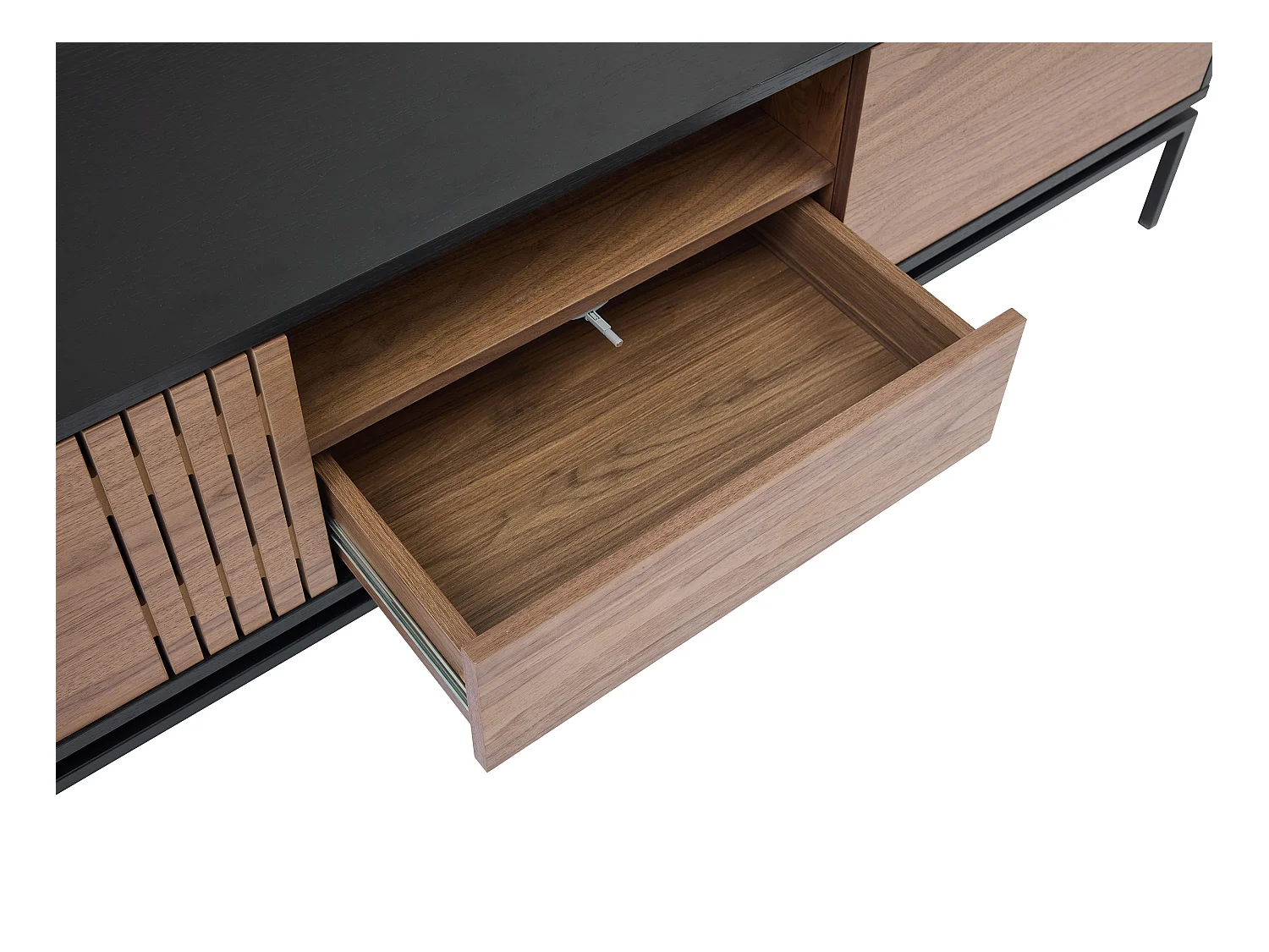 Meuble TV avec 2 portes, 1 tiroir et 1 niche placage noyer et métal - Naturel foncé et Noir - ZINORI
