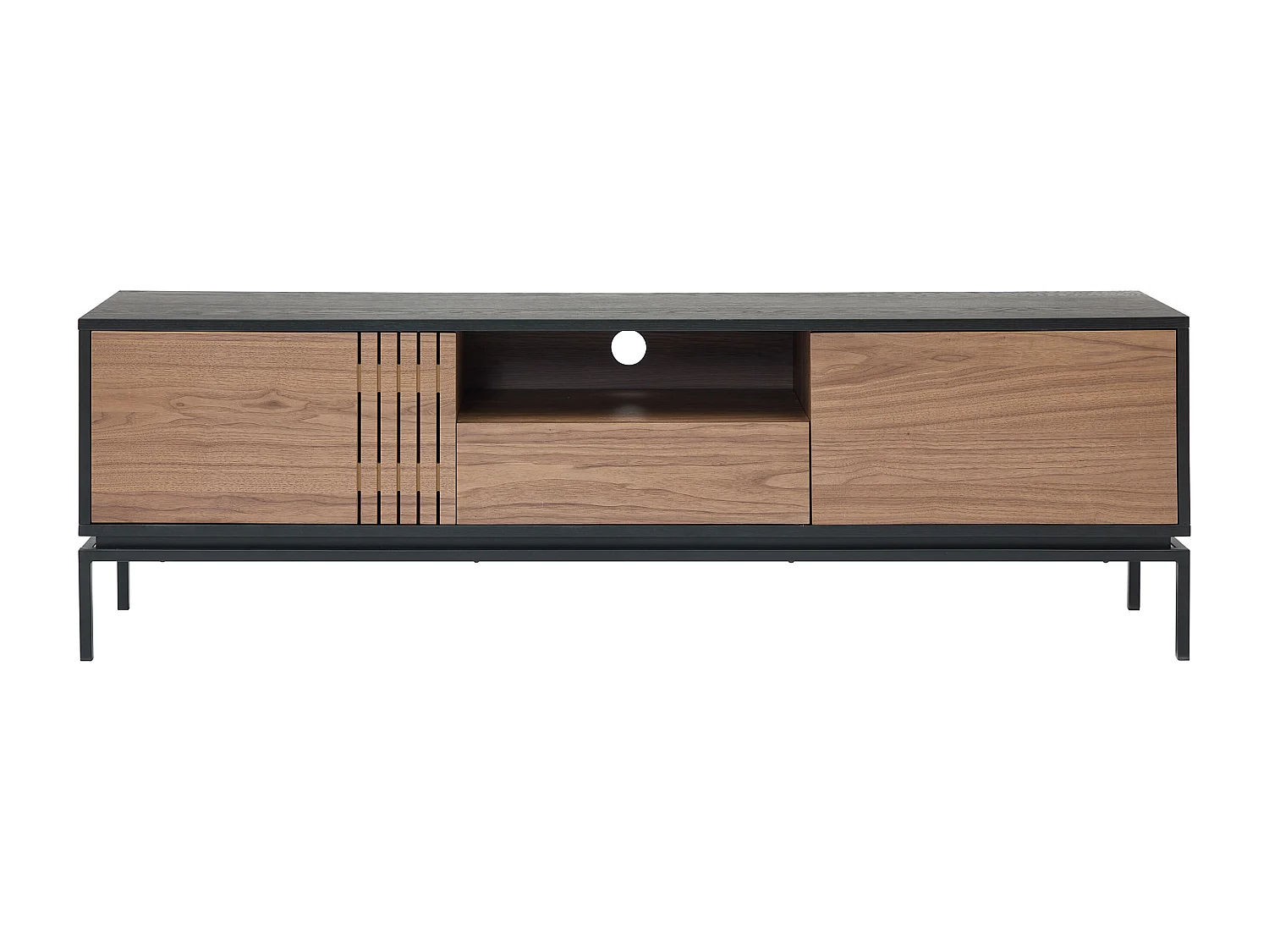 TV-Möbel mit 2 Türen, 1 Schublade & 1 Ablagefach - Nussbaumfurnier & Metall - Holzfarben dunkel & Schwarz - ZINORI
