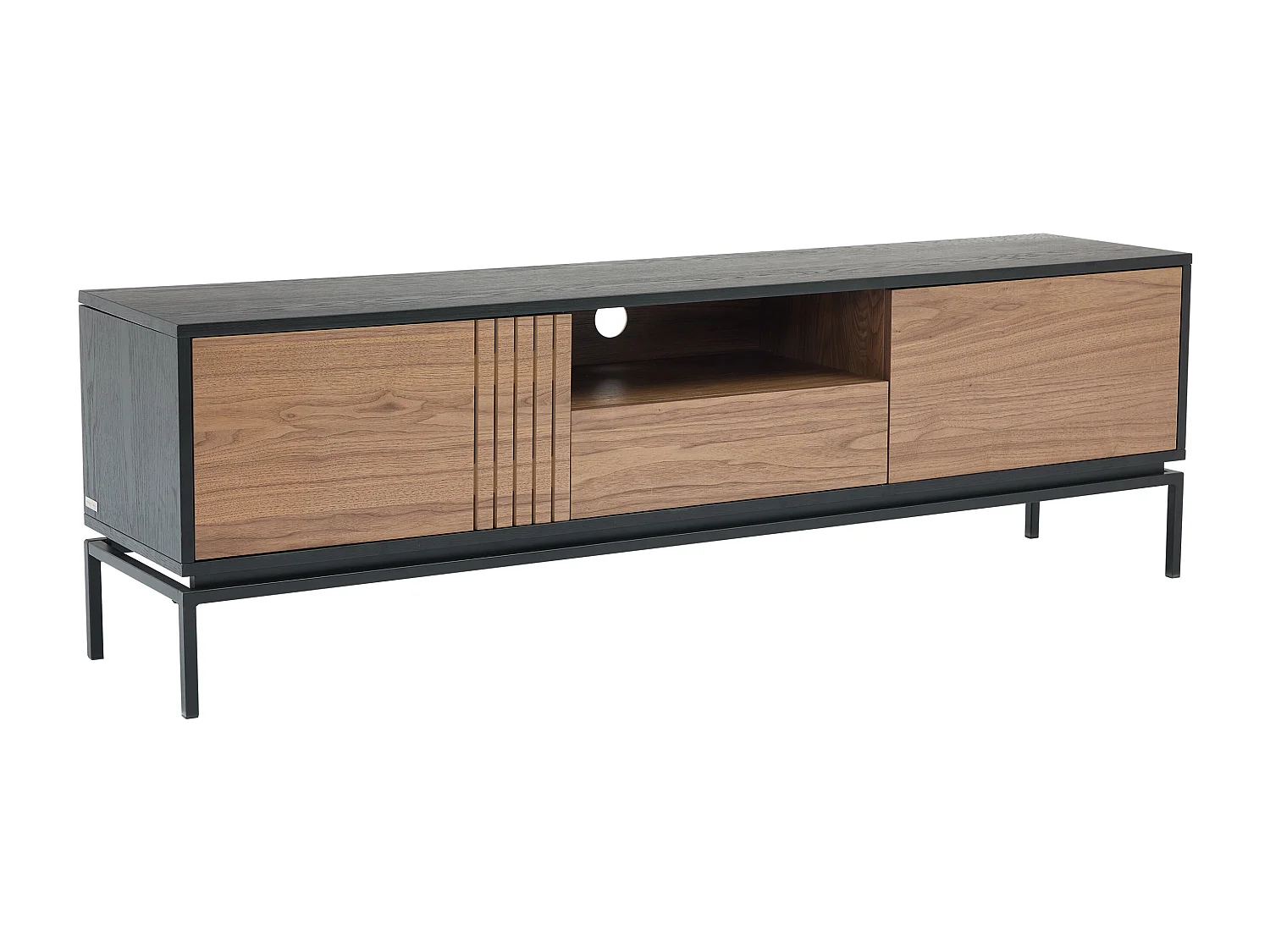 TV-Möbel mit 2 Türen, 1 Schublade & 1 Ablagefach - Nussbaumfurnier & Metall - Holzfarben dunkel & Schwarz - ZINORI