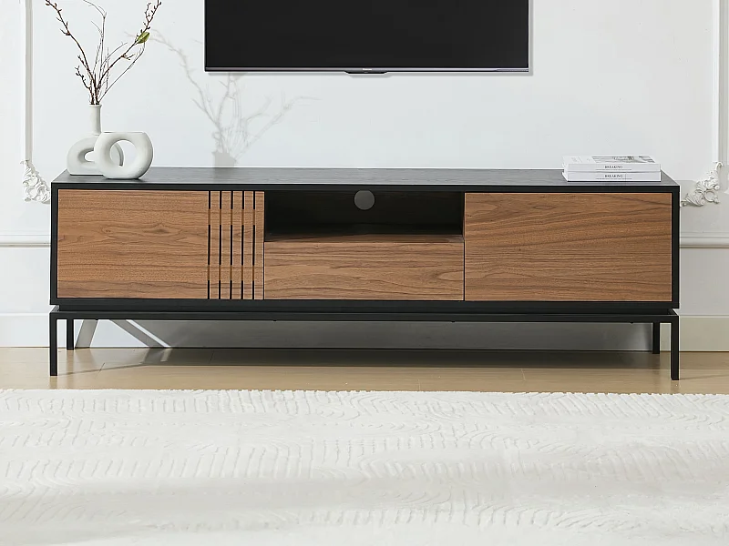 Meuble TV avec 2 portes, 1 tiroir et 1 niche placage noyer et métal - Naturel foncé et Noir - ZINORI