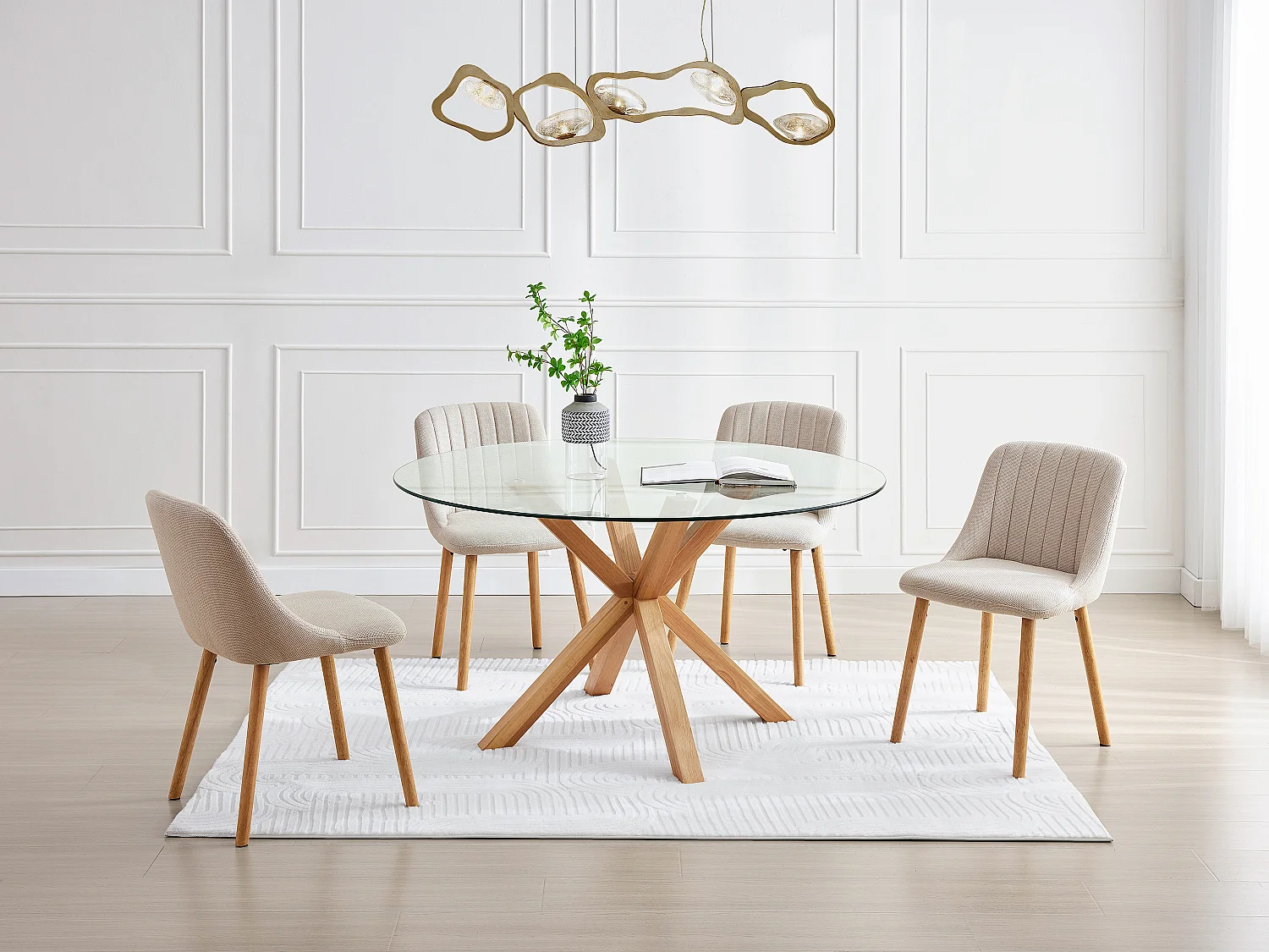 Table à manger ronde 4 couverts en verre trempé et bois de chêne - Transparent - LANIEVO