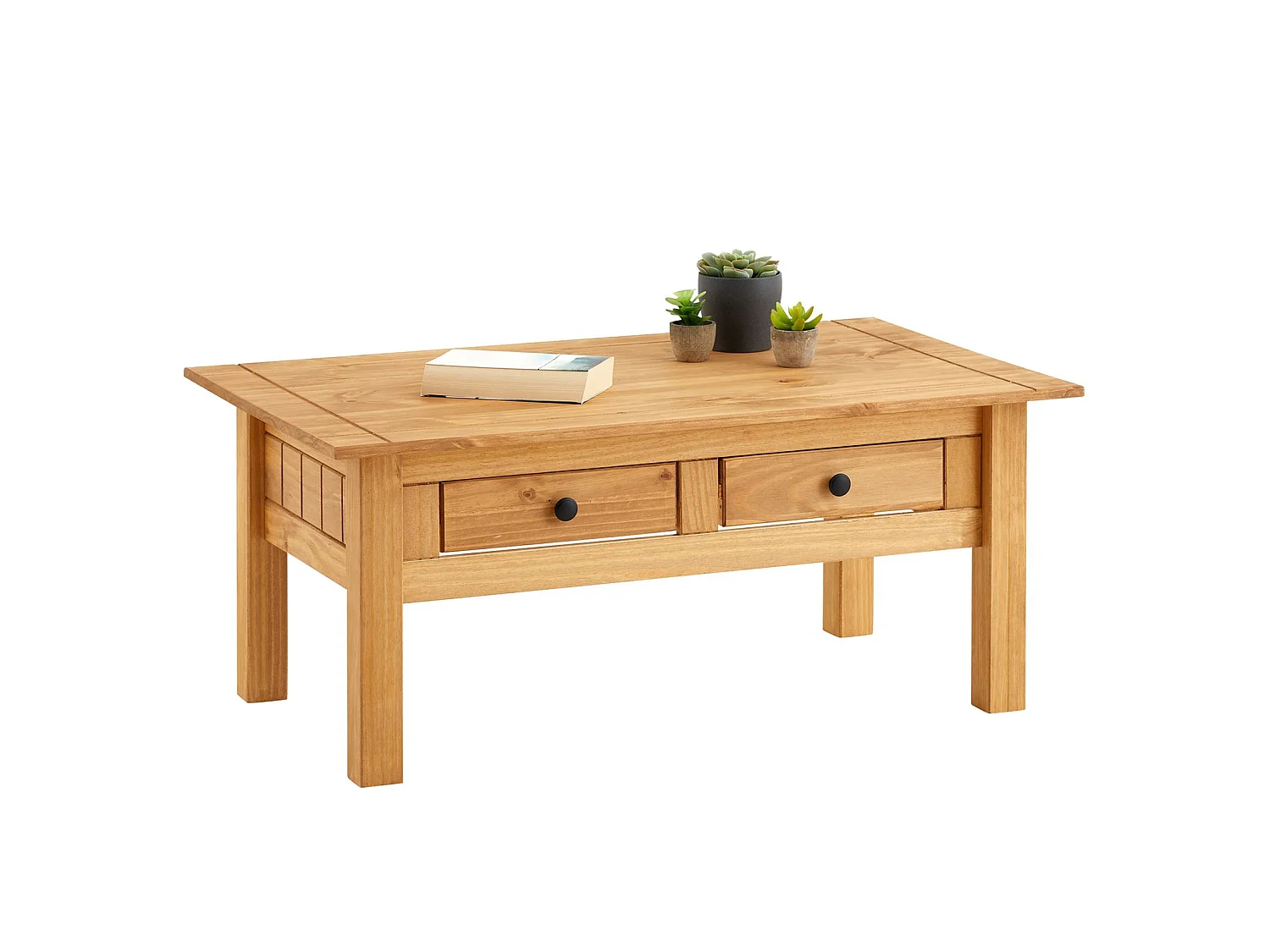 Table basse de salon CANCUN rectangulaire en bois avec 2 tiroirs, en pin massif finition teintée/cirée