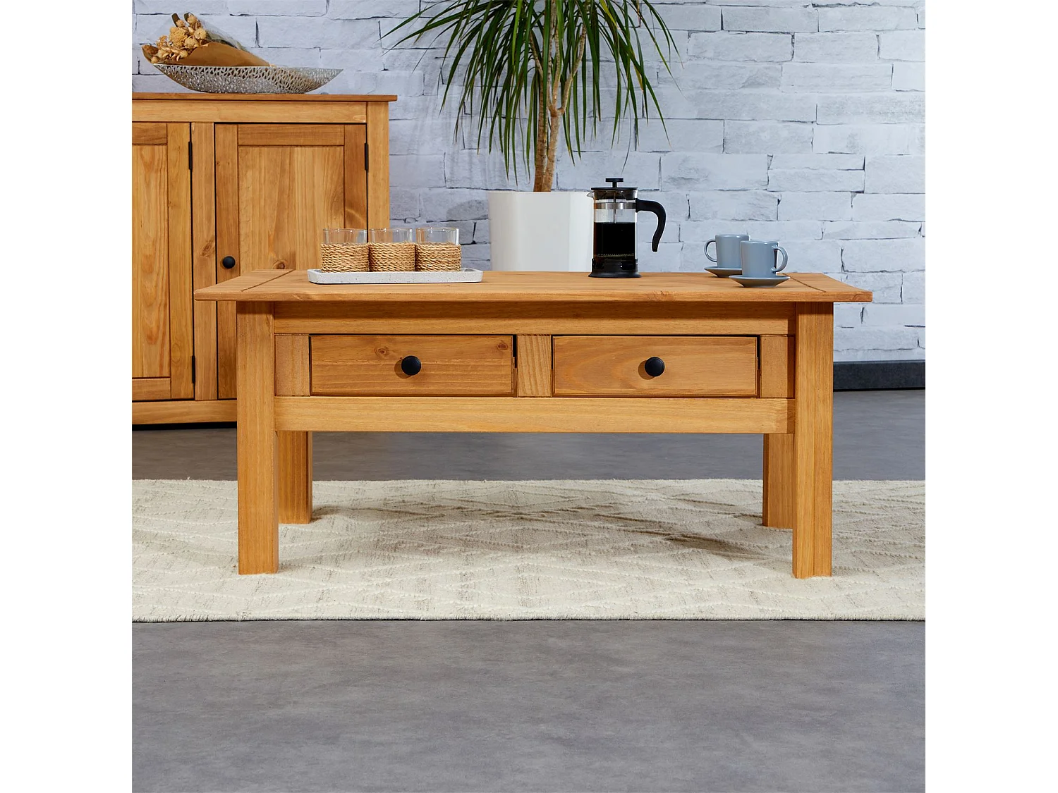 Table basse de salon CANCUN rectangulaire en bois avec 2 tiroirs, en pin massif finition teintée/cirée