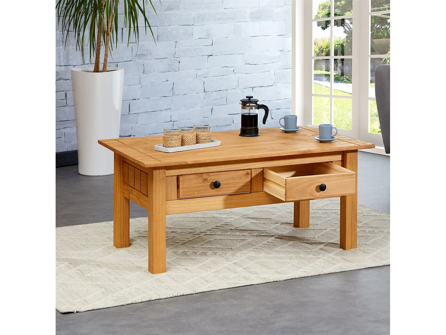 Table basse de salon CANCUN rectangulaire en bois avec 2 tiroirs, en pin massif finition teintée/cirée