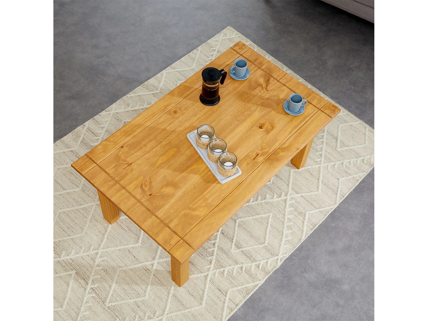 Table basse de salon CANCUN rectangulaire en bois avec 2 tiroirs, en pin massif finition teintée/cirée