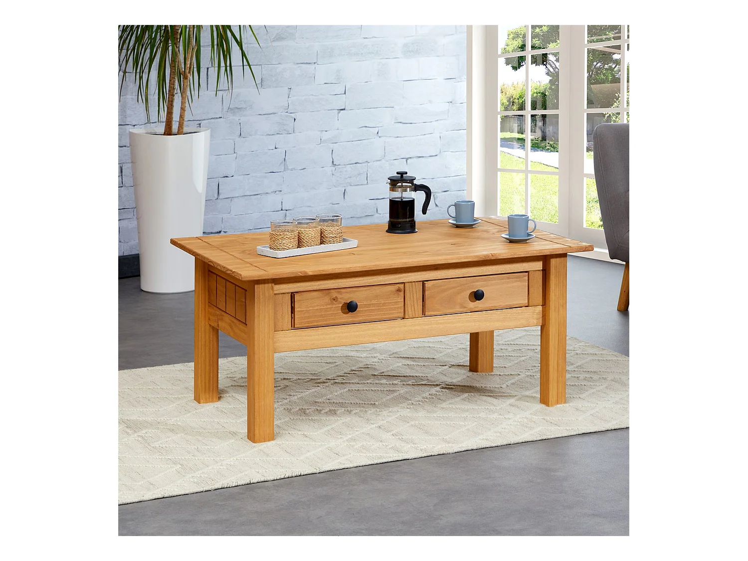 Table basse de salon CANCUN rectangulaire en bois avec 2 tiroirs, en pin massif finition teintée/cirée