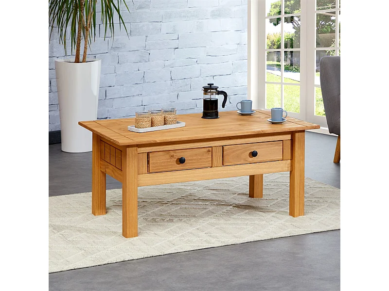 Table basse de salon CANCUN rectangulaire en bois avec 2 tiroirs, en pin massif finition teintée/cirée