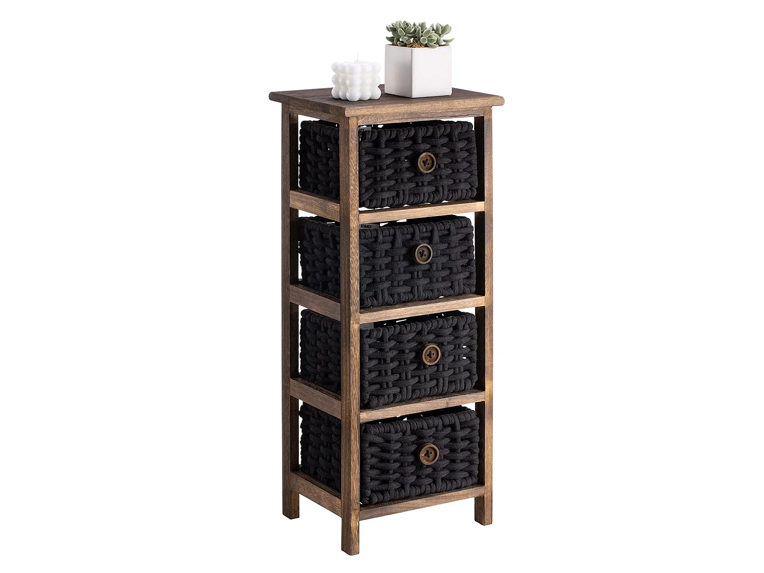 Chiffonnier PLUTO petite commode de nuit en bois de paulownia brun foncé, avec 4 paniers en coton tressé noir