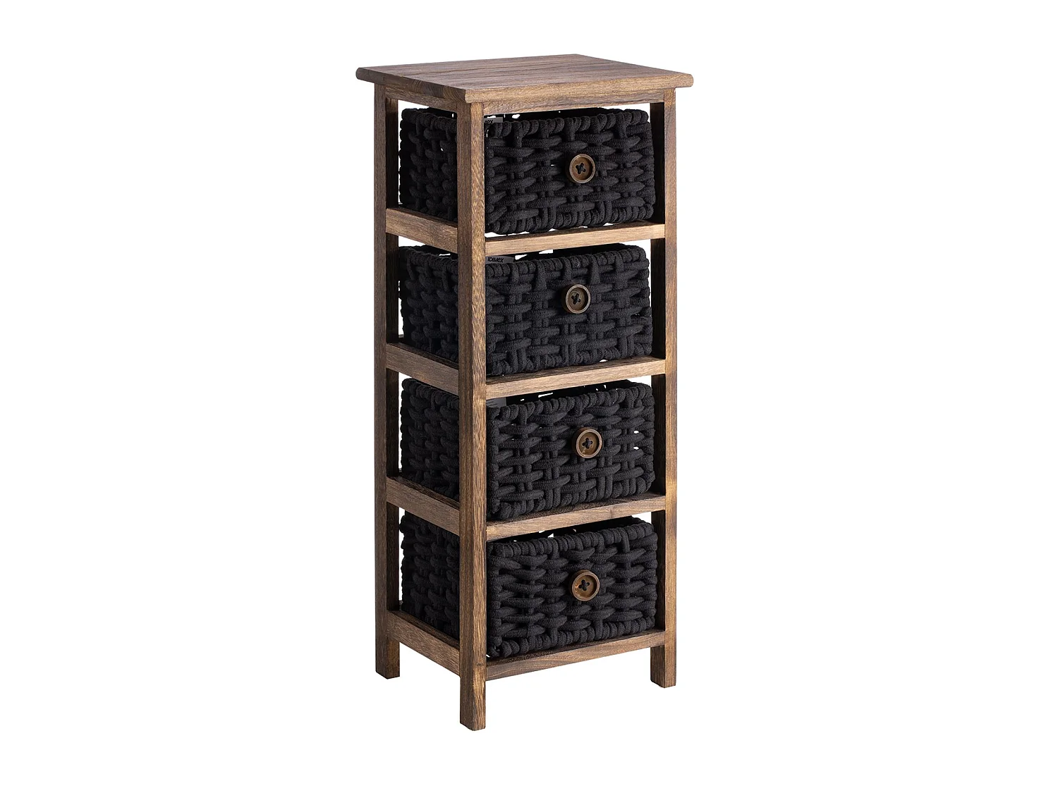 Chiffonnier PLUTO petite commode de nuit en bois de paulownia brun foncé, avec 4 paniers en coton tressé noir